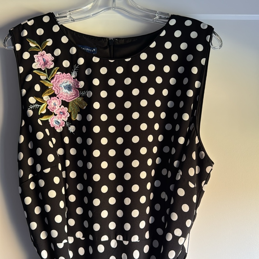 RSVP Talbots black & white polka dot, sleeveless dress with pink flowers. 18WP